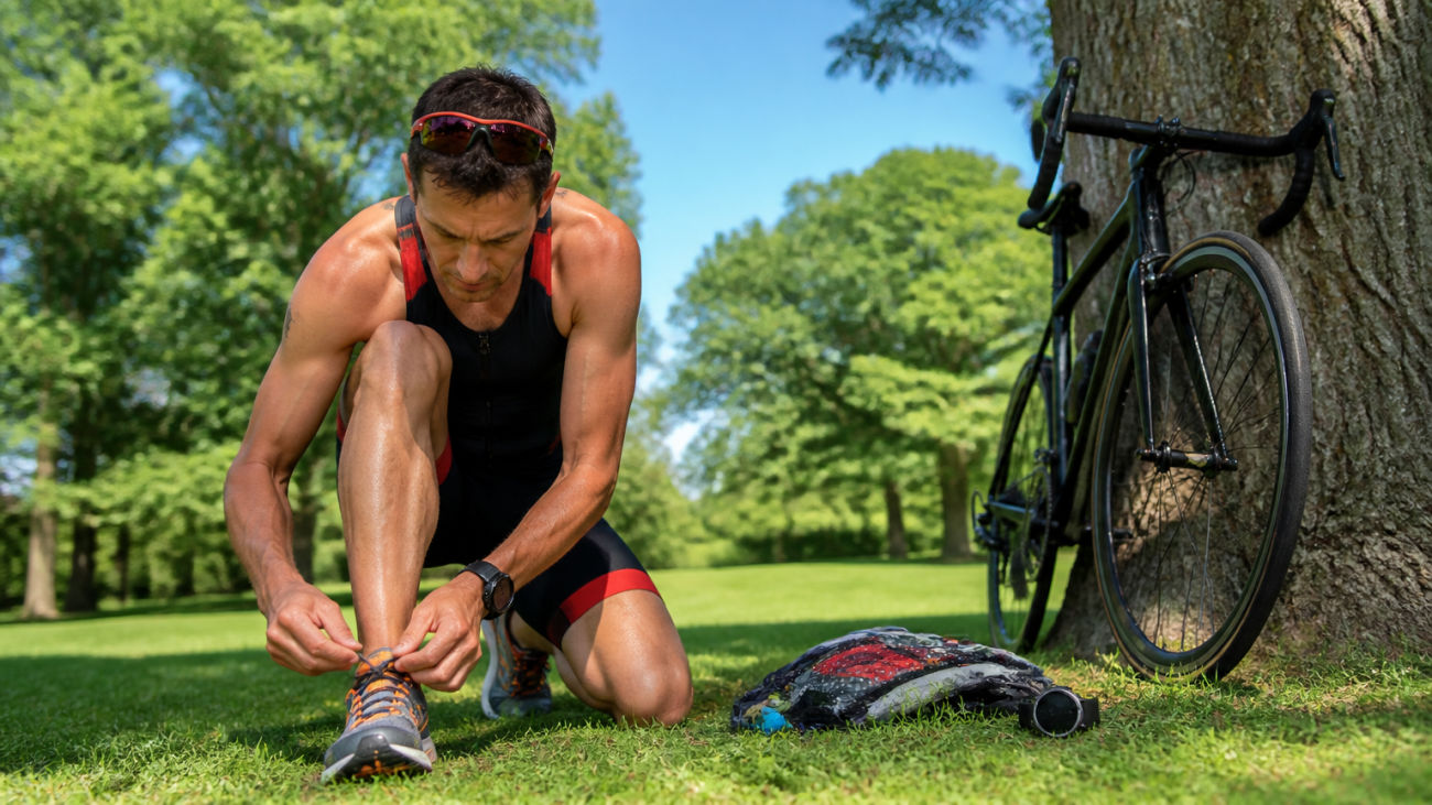 A dedicated triathlete prepares for an Ironman event in a sunny park.
